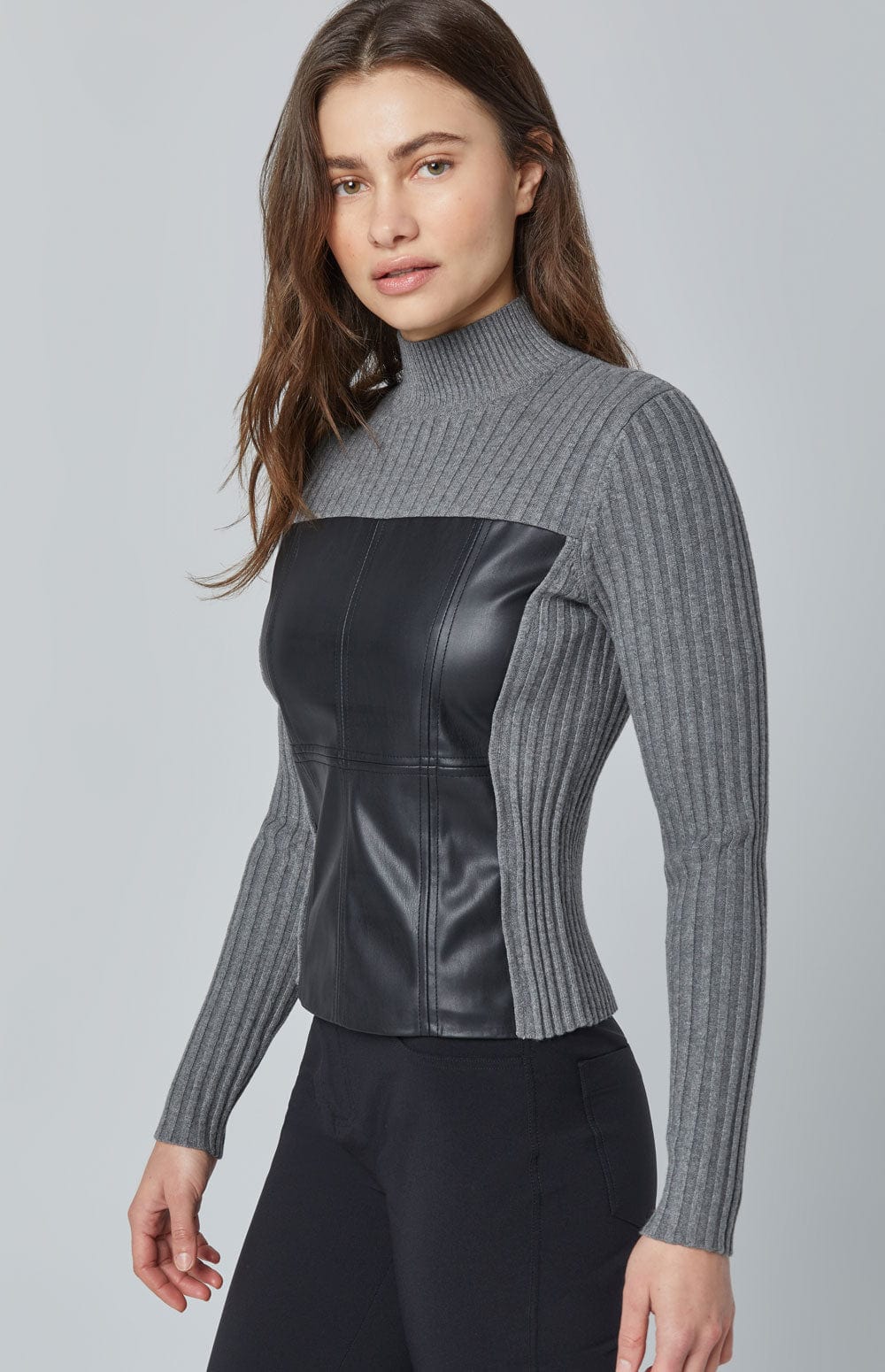 Clara Sweater by Alp N Rock, Women's Grey Sweater with Mock Neck and Black Faux Leather Bodice