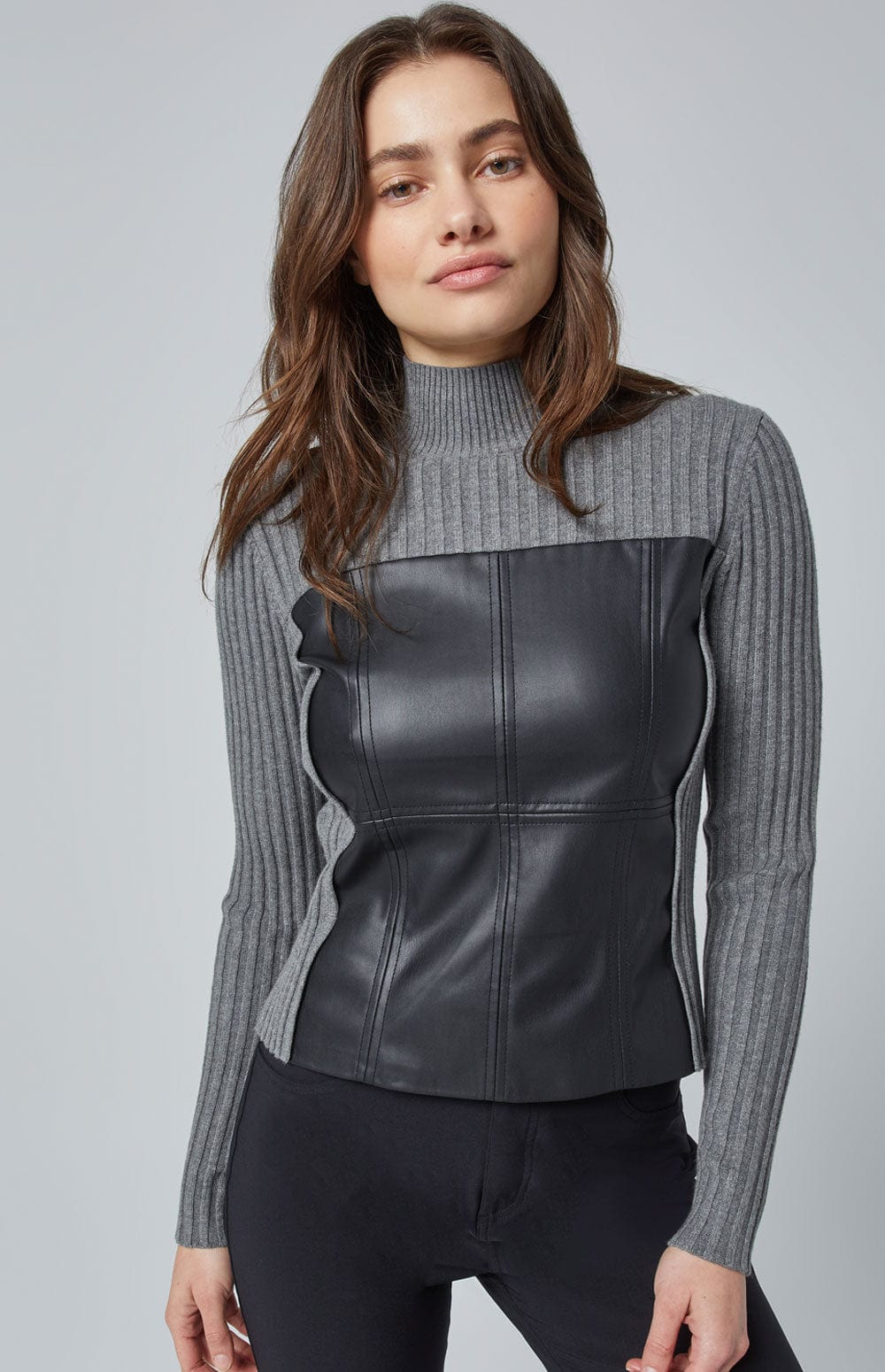 Clara Sweater by Alp N Rock, Women's Grey Sweater with Mock Neck and Black Faux Leather Bodice