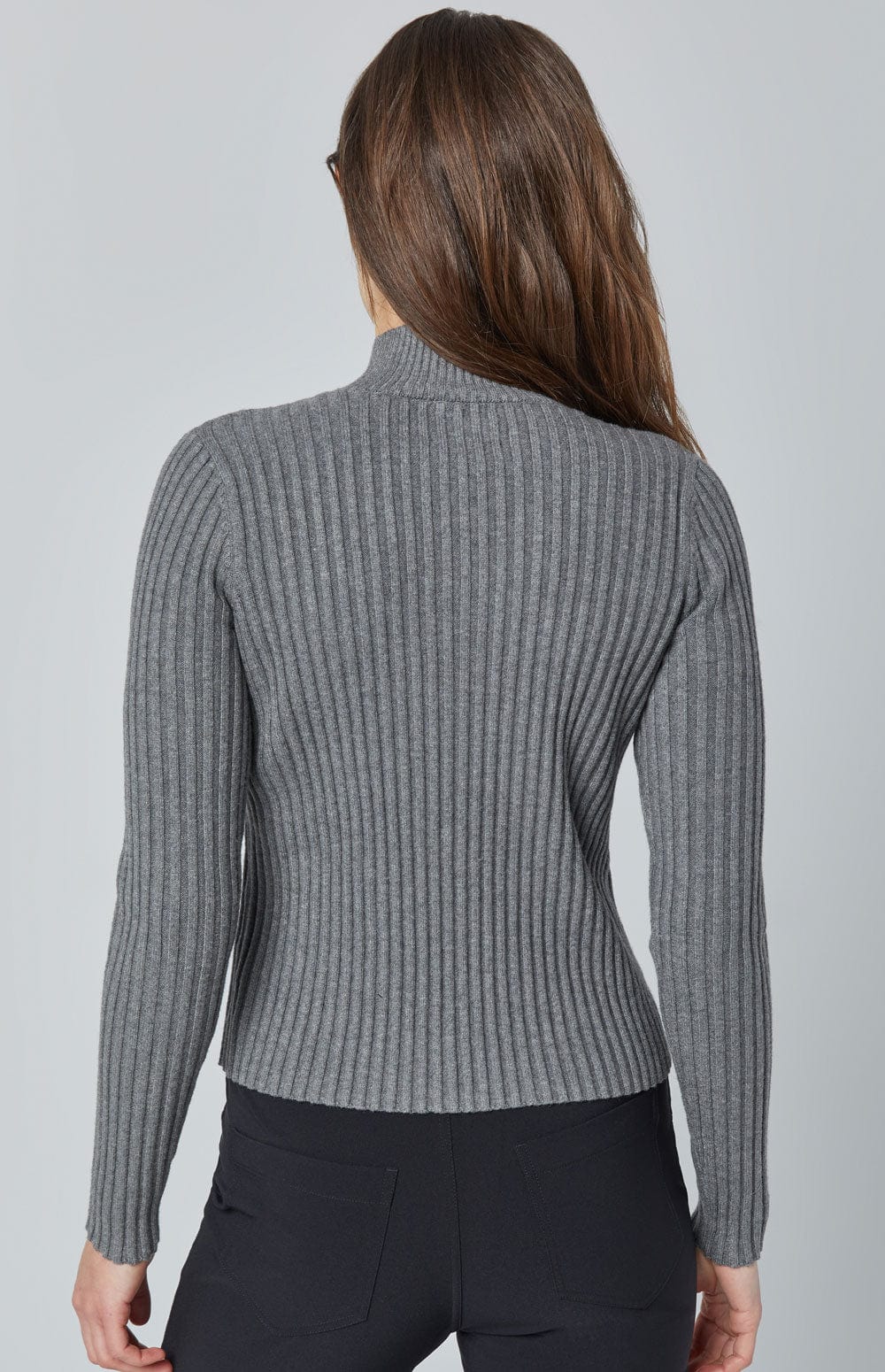 Clara Sweater by Alp N Rock, Women's Grey Sweater with Mock Neck and Black Faux Leather Bodice