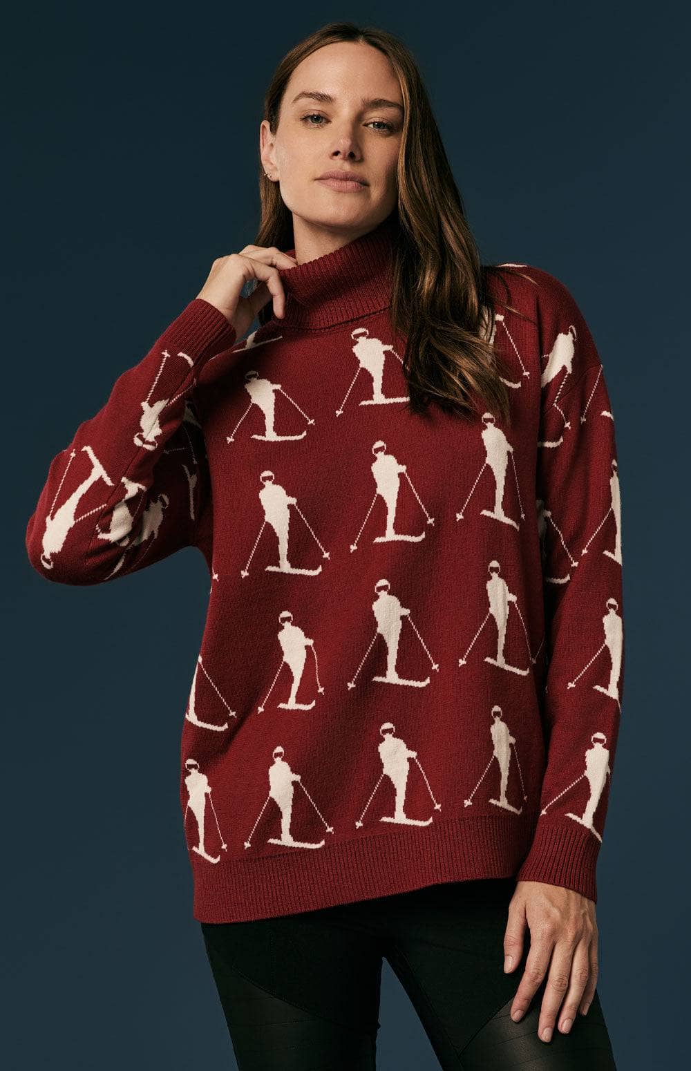 Dani Vintage Ski Sweater by Alp N Rock, Women's Red Turtleneck Ski Sweater With White Skier Pattern