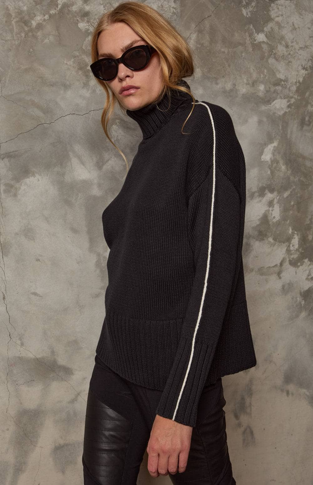 Elis Sweater by Alp N Rock, Women's Black Turtleneck Sweater With White Stripe Down the Arm