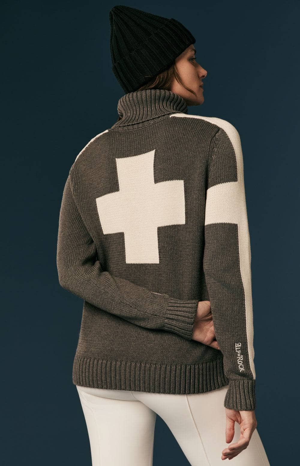 Killian II Sweater by Alp N Rock, Women's Heather Grey Turtleneck Sweater with Ivory Cross and Stripes