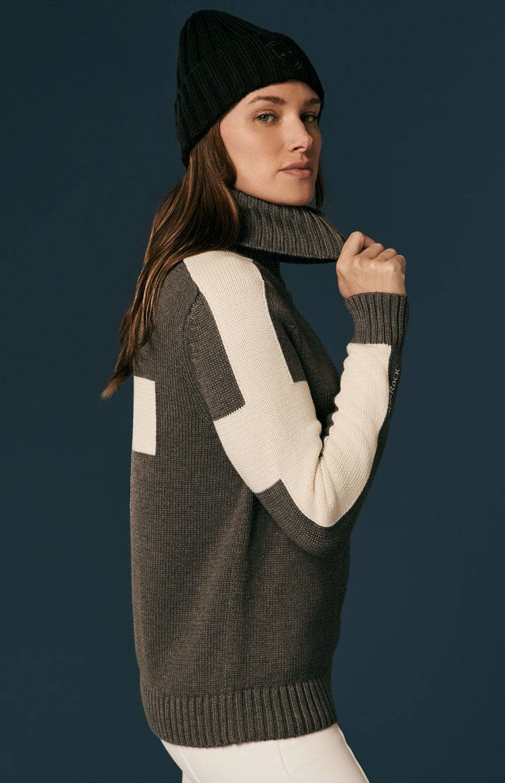 Killian II Sweater by Alp N Rock, Women's Heather Grey Turtleneck Sweater with Ivory Cross and Stripes