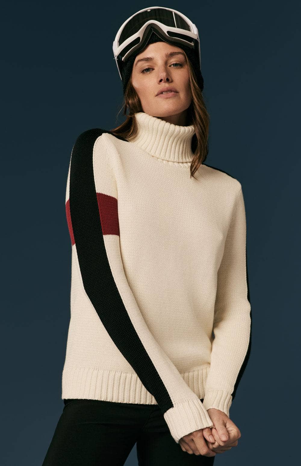 Killian II Sweater by Alp N Rock, Women's Ivory Turtleneck Sweater with Black Stripes On the Arm and Red Accents