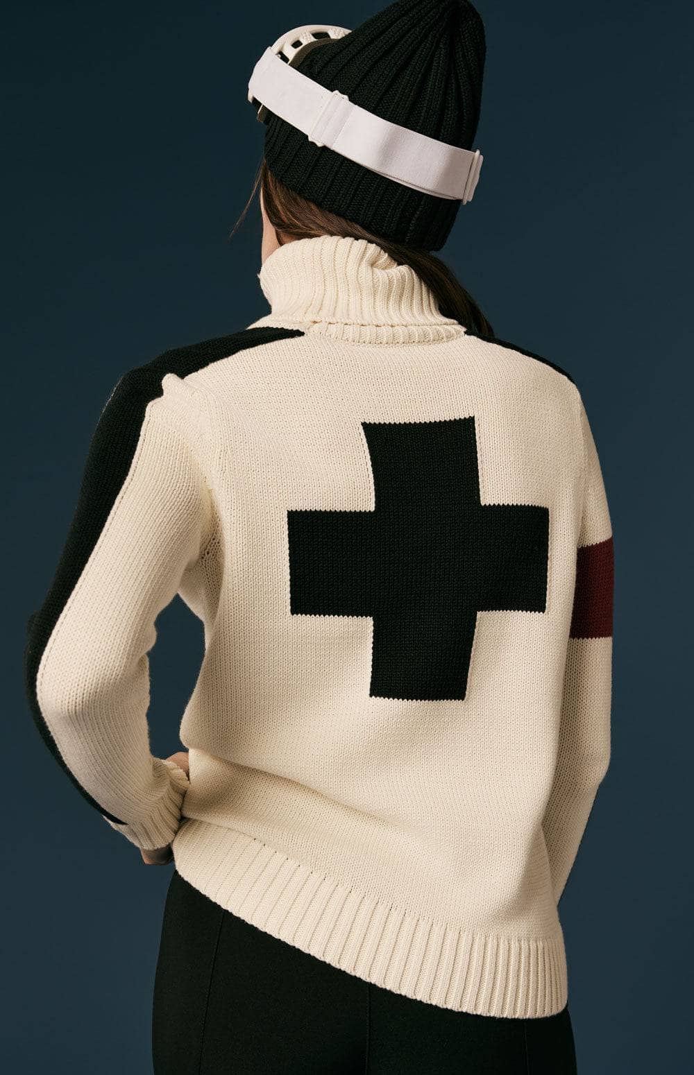 Killian II Sweater by Alp N Rock, Women's Ivory Turtleneck Sweater with Black Stripes On the Arm and Red Accents