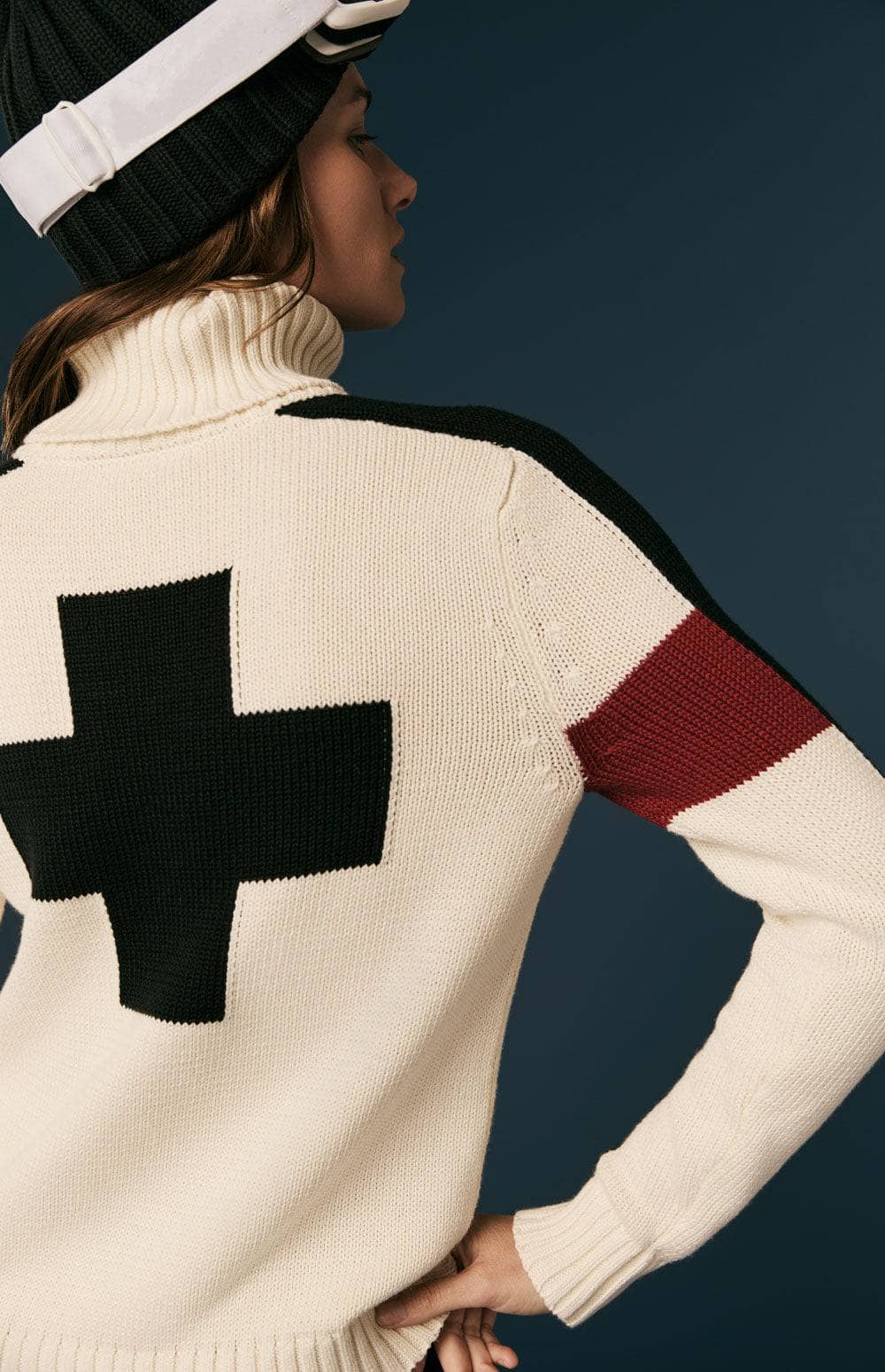 Killian II Sweater by Alp N Rock, Women's Ivory Turtleneck Sweater with Black Stripes On the Arm and Red Accents