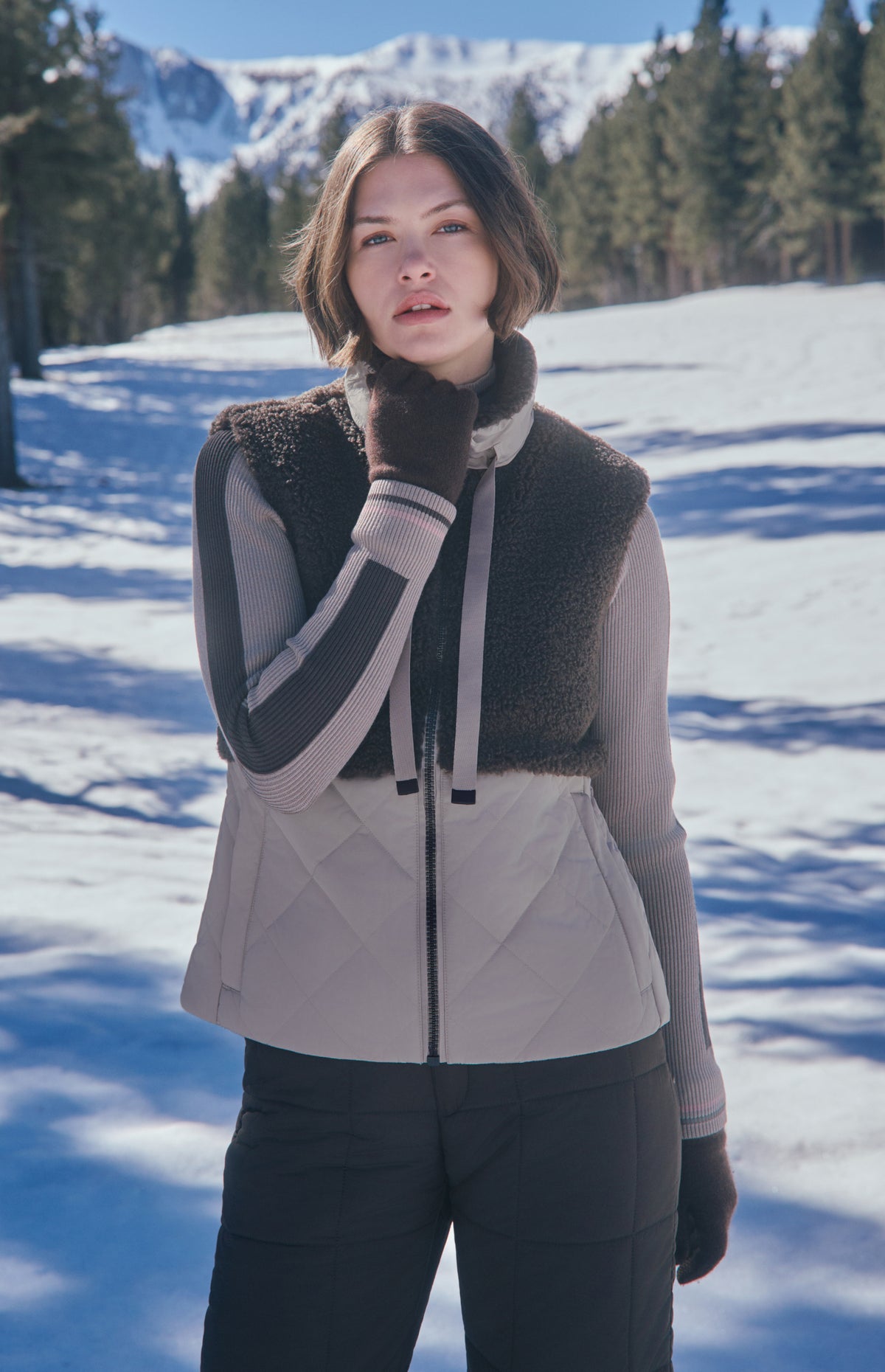 Alp N Rock Sage Vest, dark brown and taupe zip vest for women with shearling top and quilted bottom