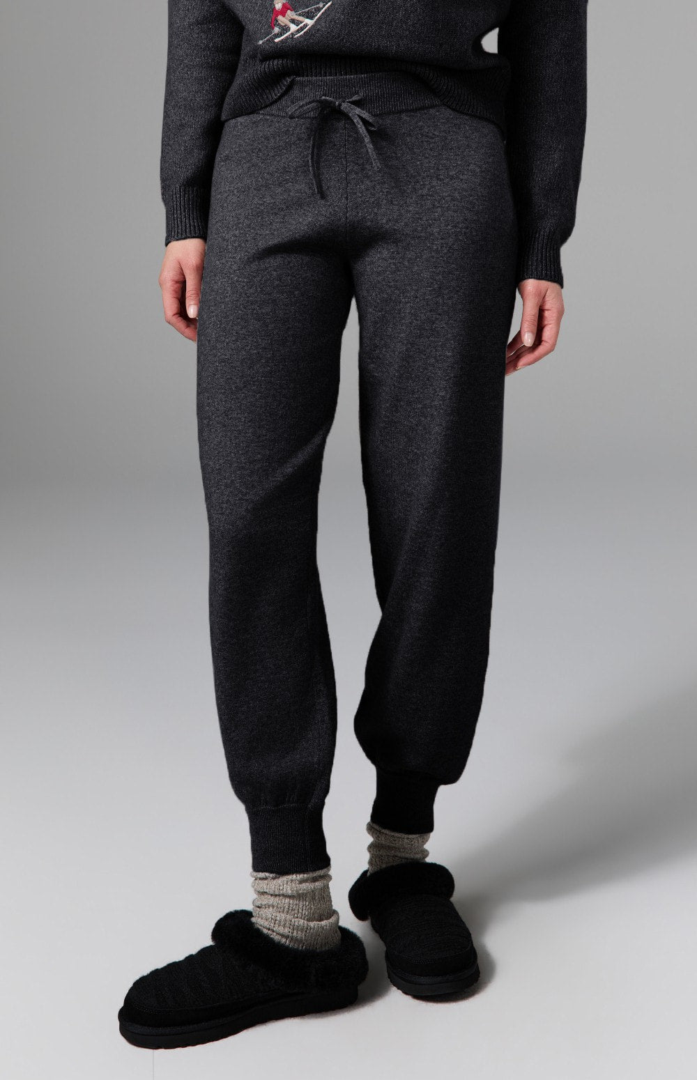Alp N Rock Ahaana Skier Sweater Jogger, women's black knit jogger with embroidered skier on back pocket