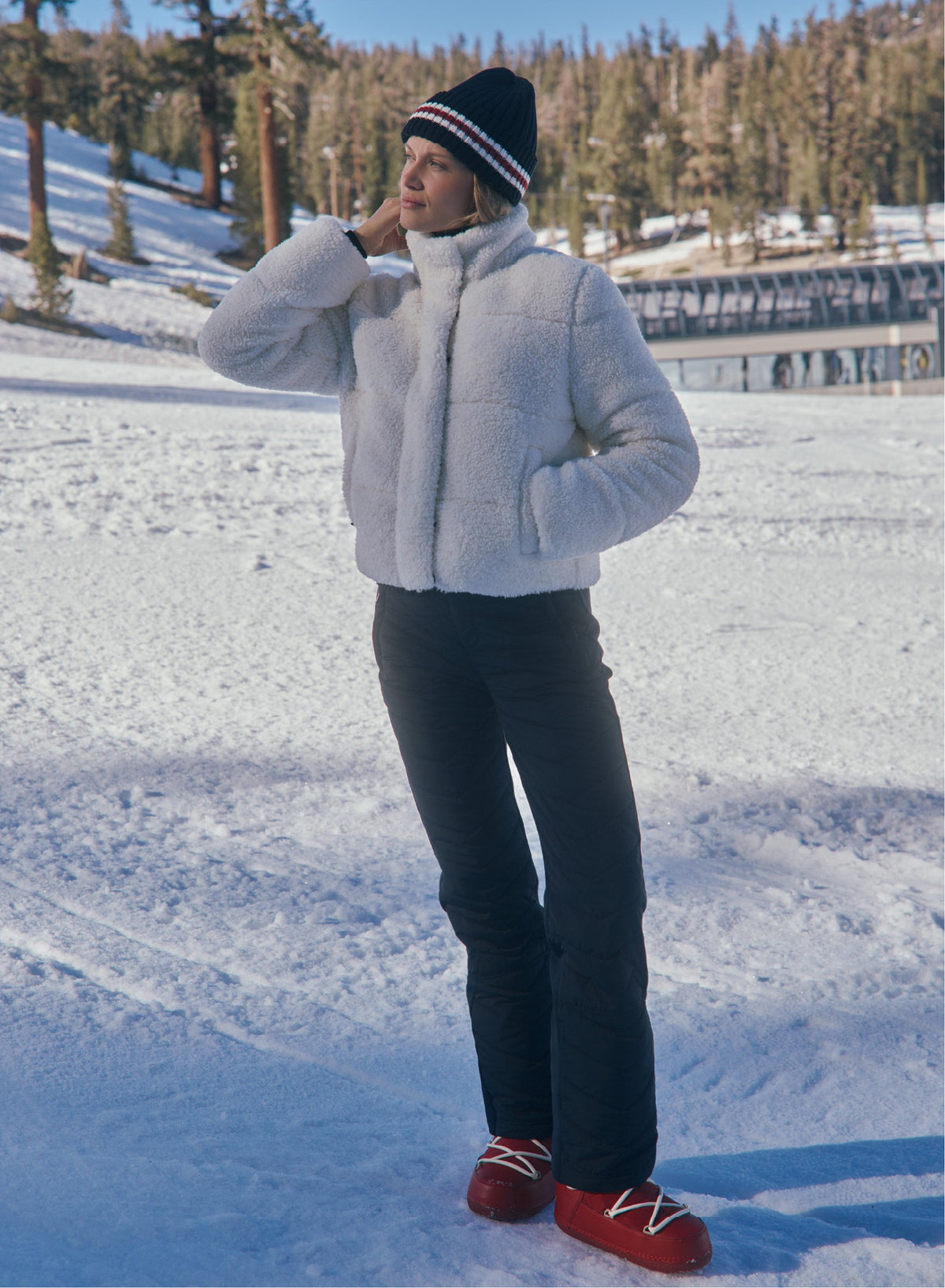 Alp N Rock ivory shearling jacket and striped beanie for women
