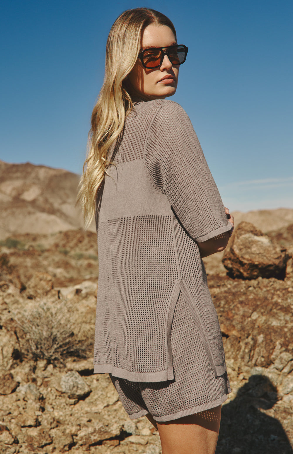 Alp N Rock Ayesha Polo, taupe open weave relaxed fit short sleeve polo sweater for women