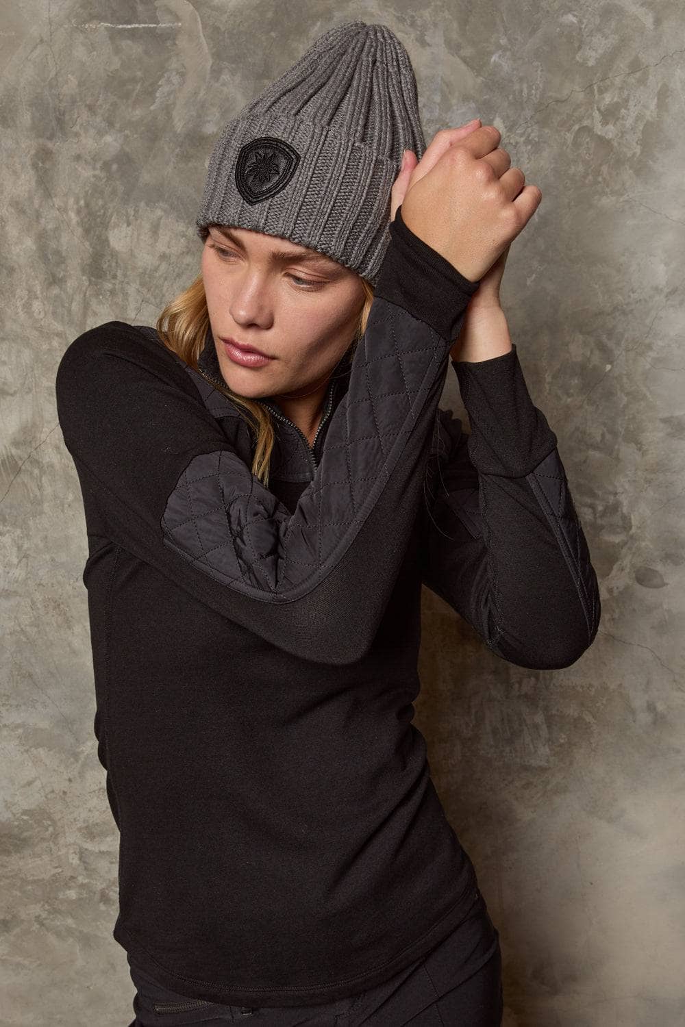 Adel Beanie by Alp N Rock, Women's Heather Grey Rib Beanie with Faux Leather Patch on Front