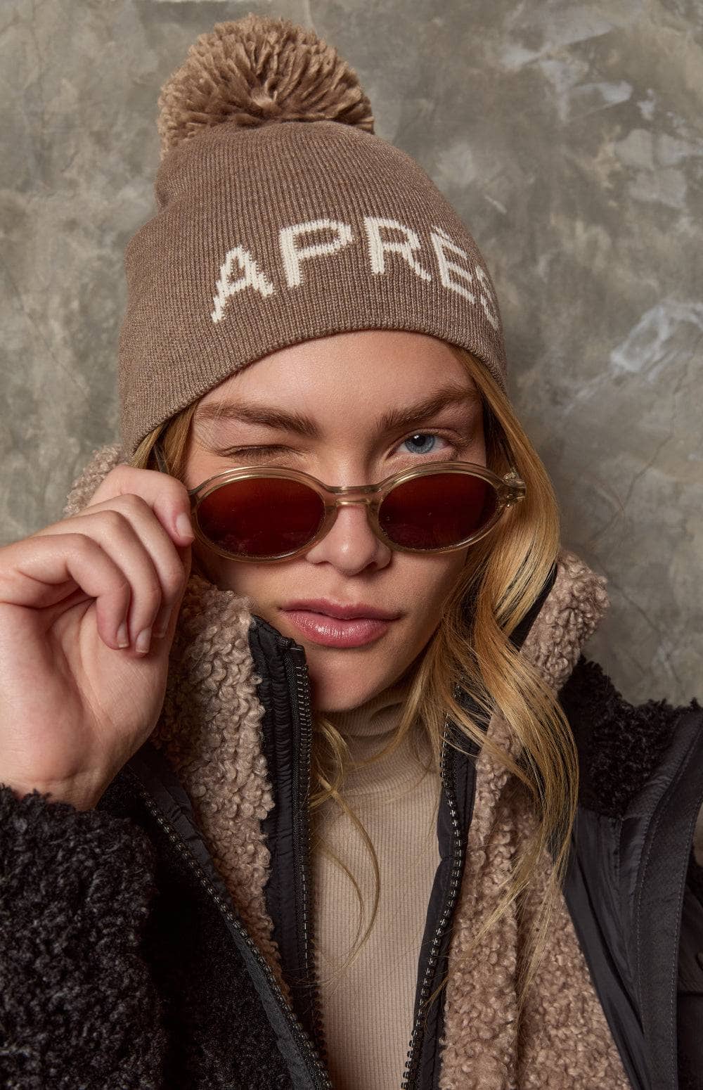 Apres Beanie by Alp N Rock, Women's Tan Beanie with Pom and White Apres Lettering on Front