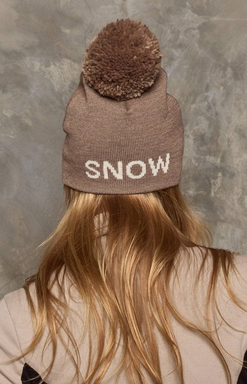 Apres Beanie by Alp N Rock, Women's Beige Beanie with Pom and White Apres Lettering on Front