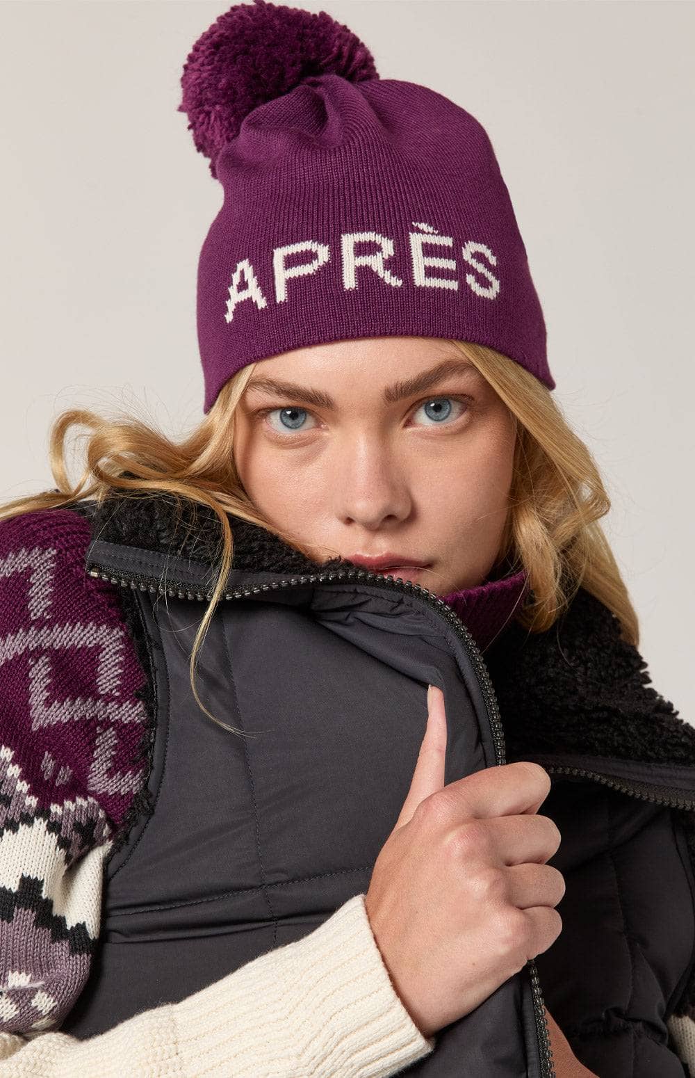 Apres Ii Beanie by Alp N Rock, Women's Purple Beanie With Pom Pom and Apres Lettering