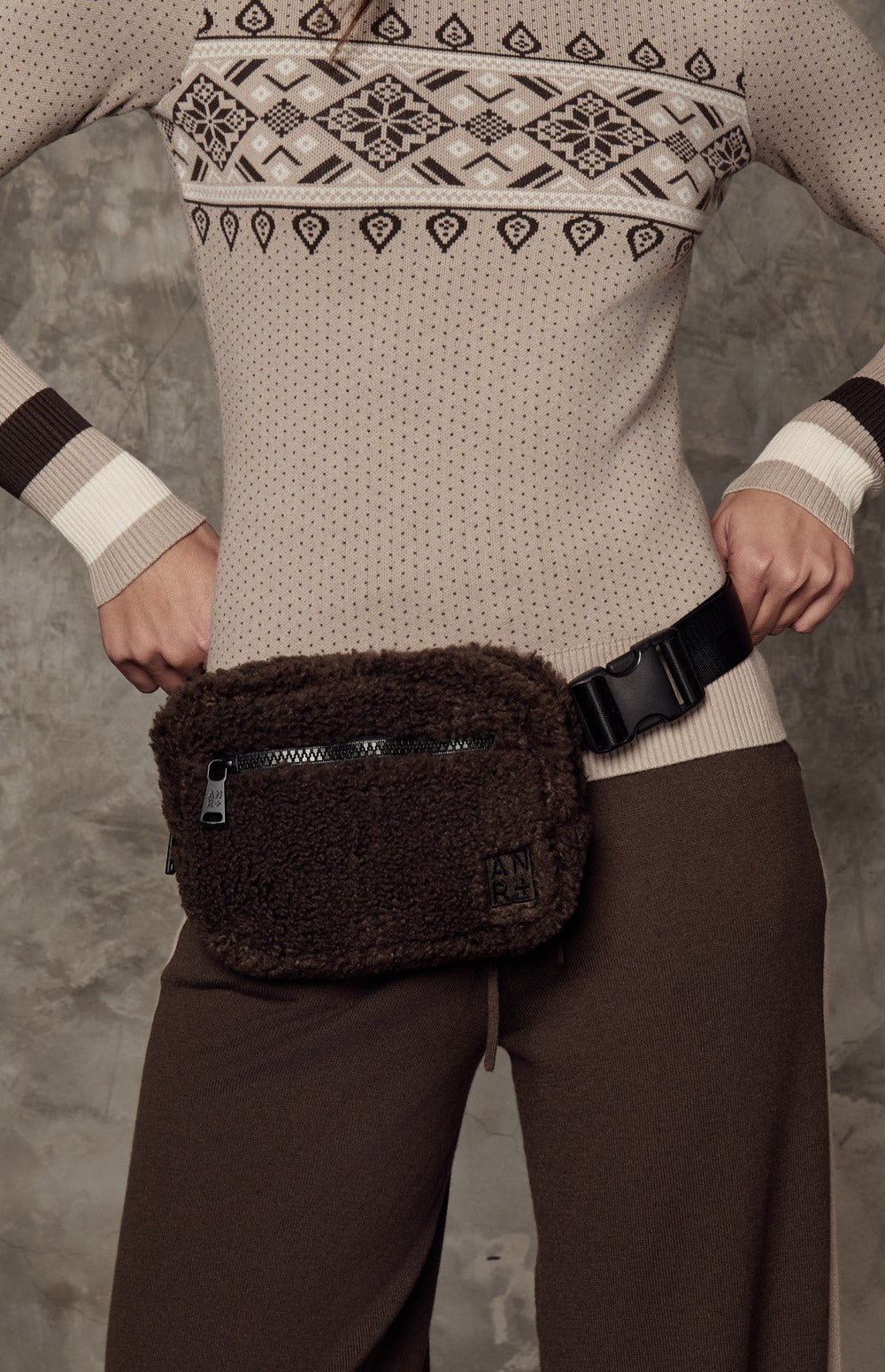 Alp N Rock City Shearling Belt Bag, dark brown shearling belt bag for women with zip pockets