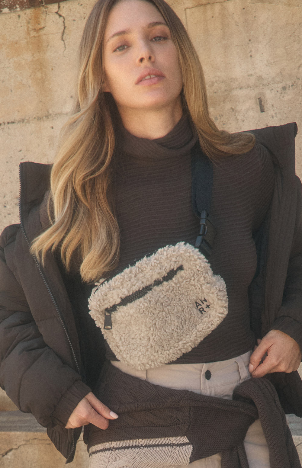 Alp N Rock City Shearling Belt Bag, beige shearling belt bag for women with zip pockets
