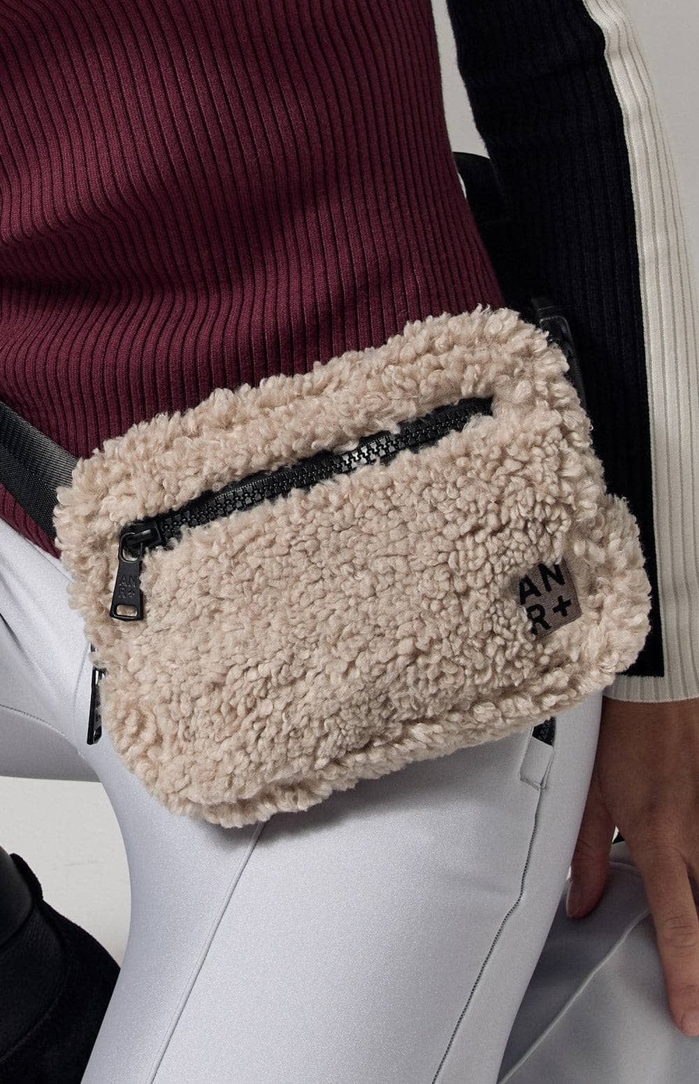 City Shearling Belt Bag by Alp N Rock, Beige Shearling Bag with Black Strap and Zipper