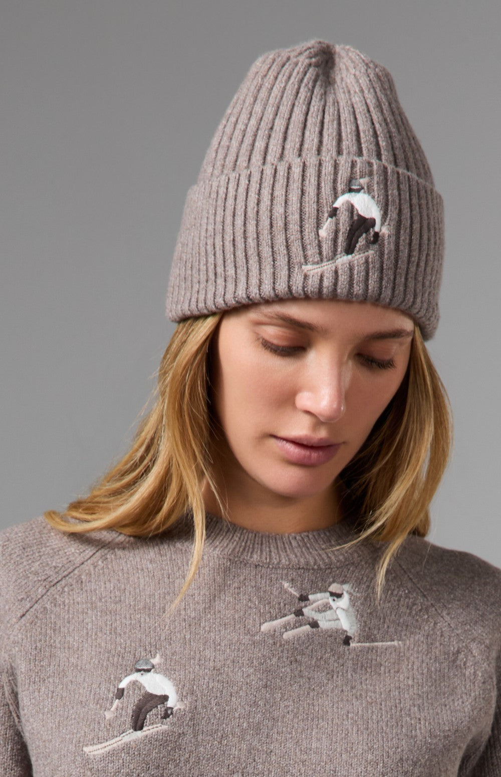 Alp N Rock Embroidered Skier Beanie, taupe ribbed beanie for women with embroidered skier on front