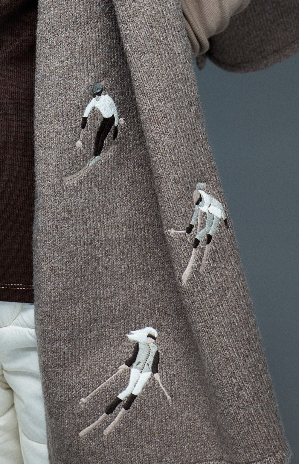 Alp N Rock Embroidered Skier Scarf, taupe embroidered scarf for women with embroidered skiers all over