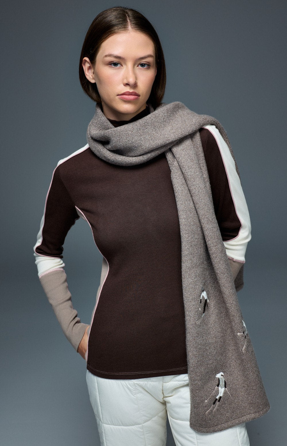 Alp N Rock Embroidered Skier Scarf, taupe embroidered scarf for women with embroidered skiers all over