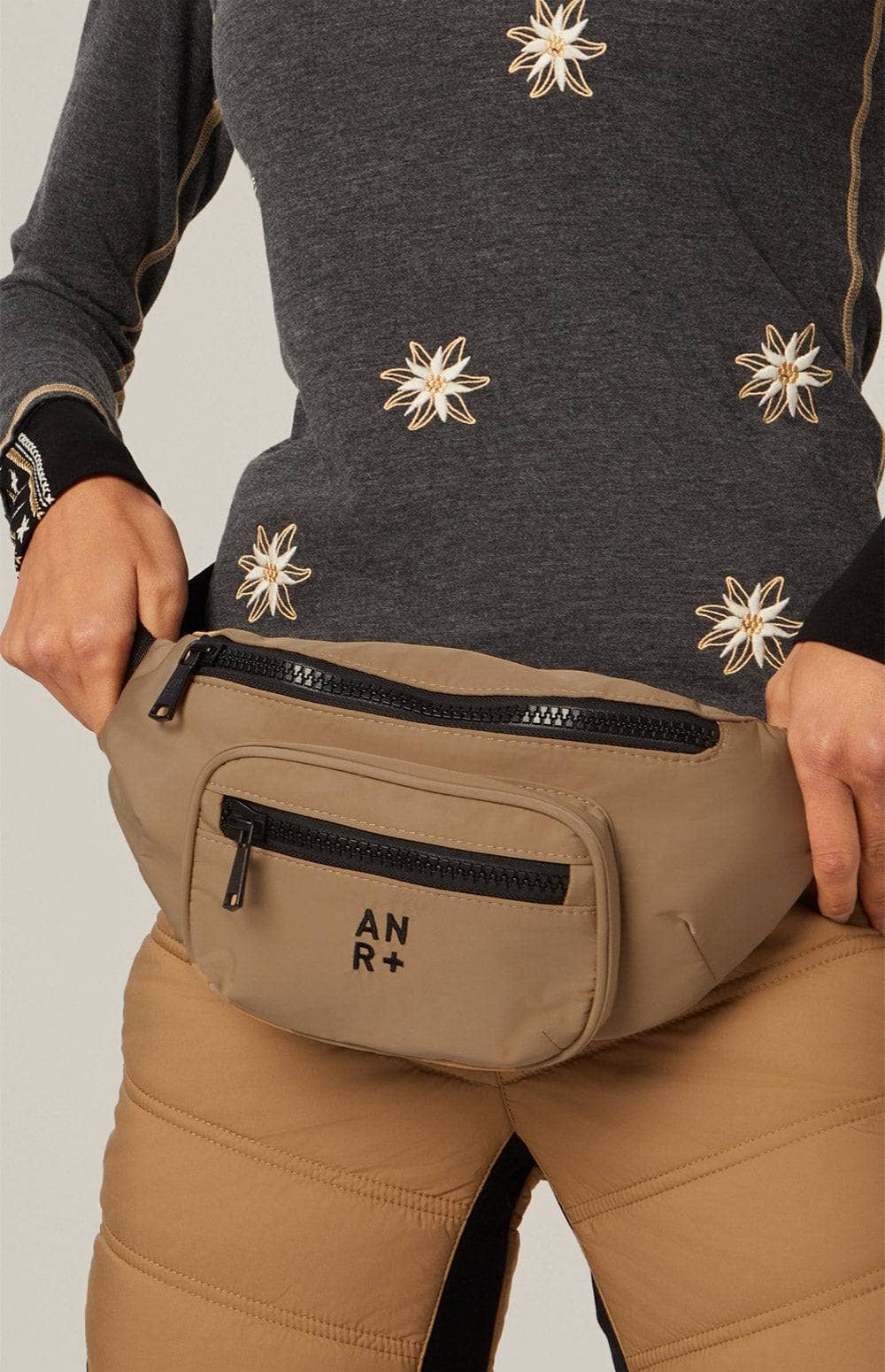 Everyday Belt Bag by Alp N Rock, Birch Belt Bag with Front Pocket, Black Zippers and Logo on Front