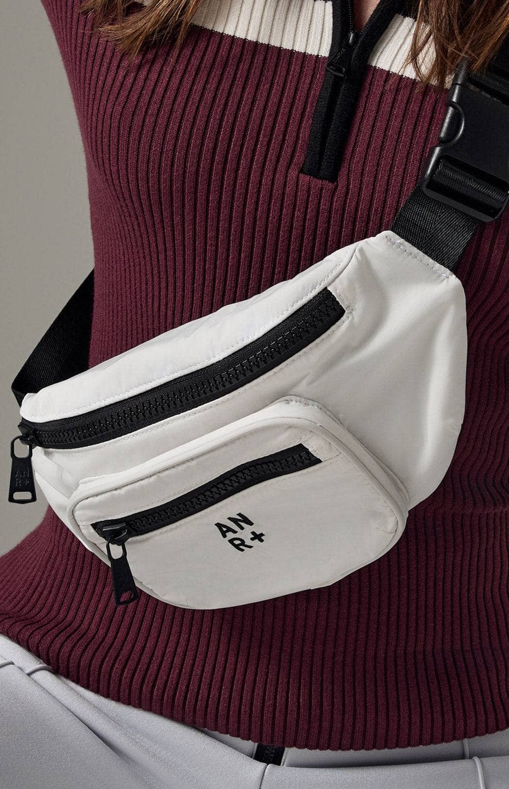 Women's Burgundy Ribbed Sweater with White Belt Bag