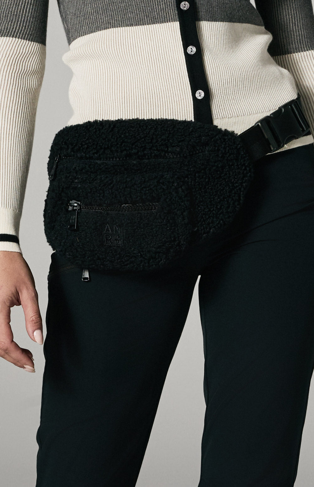 Alp N Rock Everyday Belt Bag, black shearling belt bag for women with multiple zip pockets