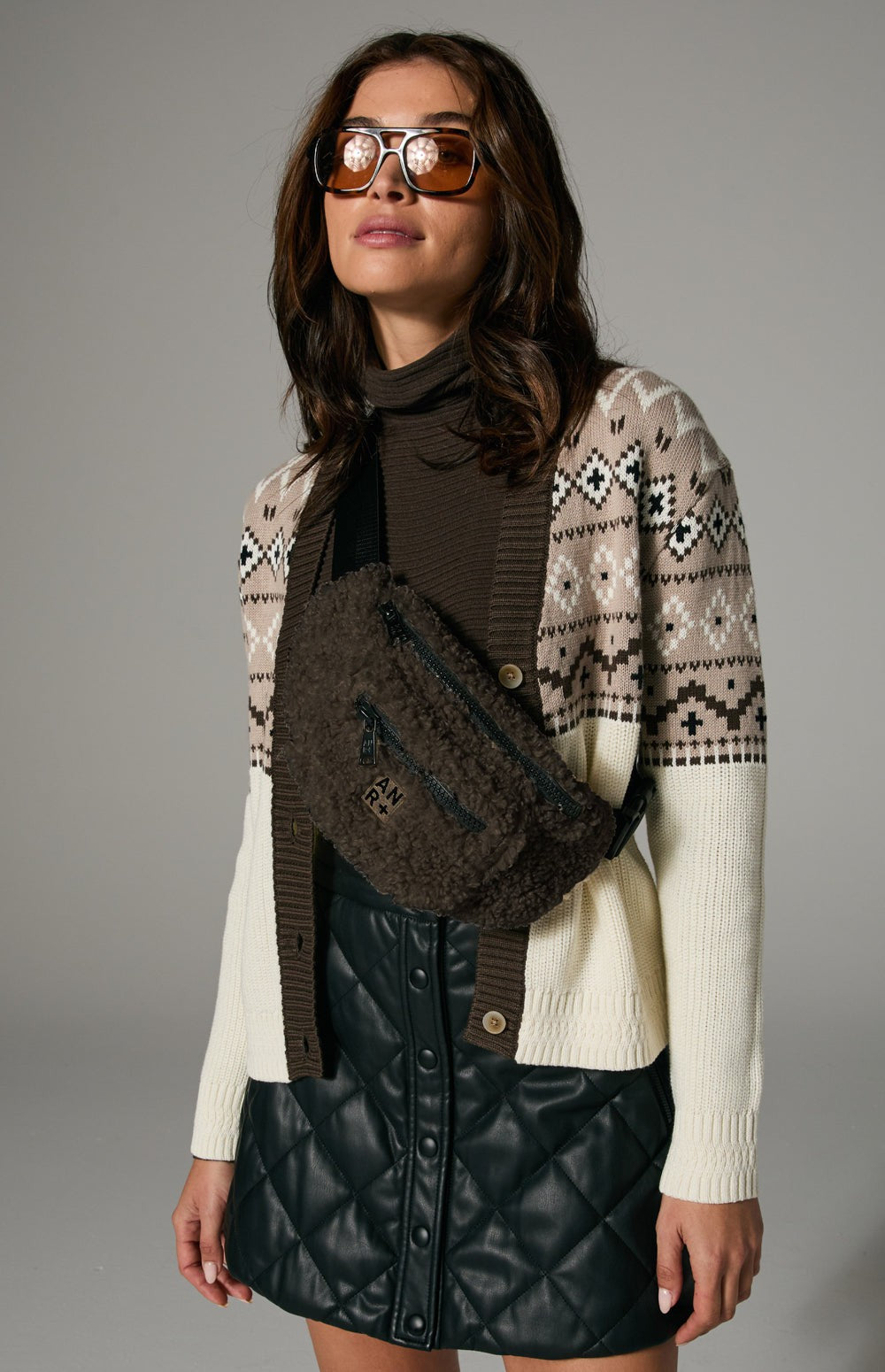 Alp N Rock Everyday Belt Bag, dark brown shearling belt bag for women with multiple zip pockets