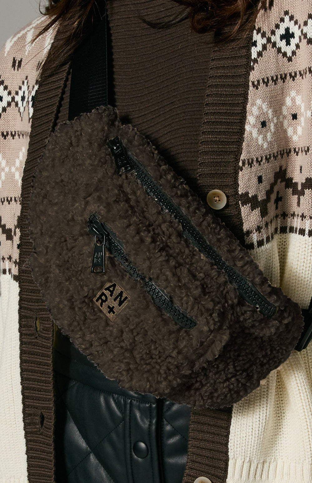 Alp N Rock Everyday Belt Bag, dark brown shearling belt bag for women with multiple zip pockets