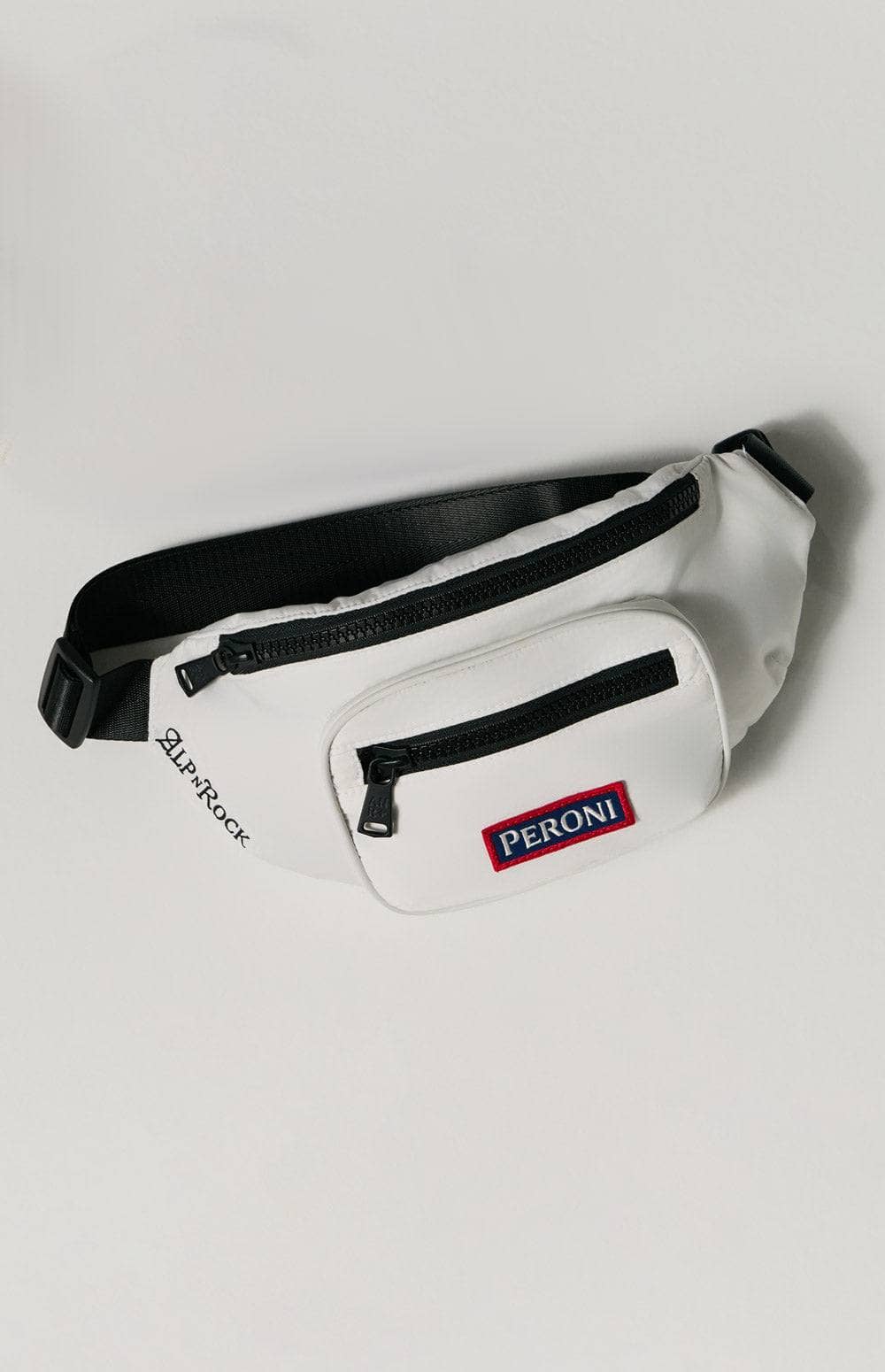 Everyday Belt Bag by Alp N Rock, Women's Off White Belt Bag with Peroni Logo, Double Pockets and Black Zippers