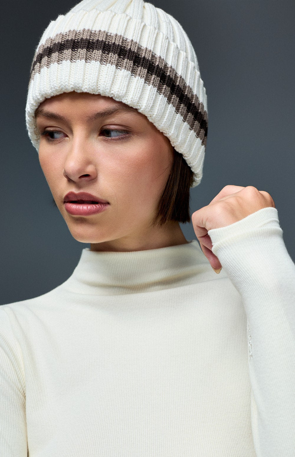 Alp N Rock Stripe Beanie, women's white striped ribbed beanie with color blocking