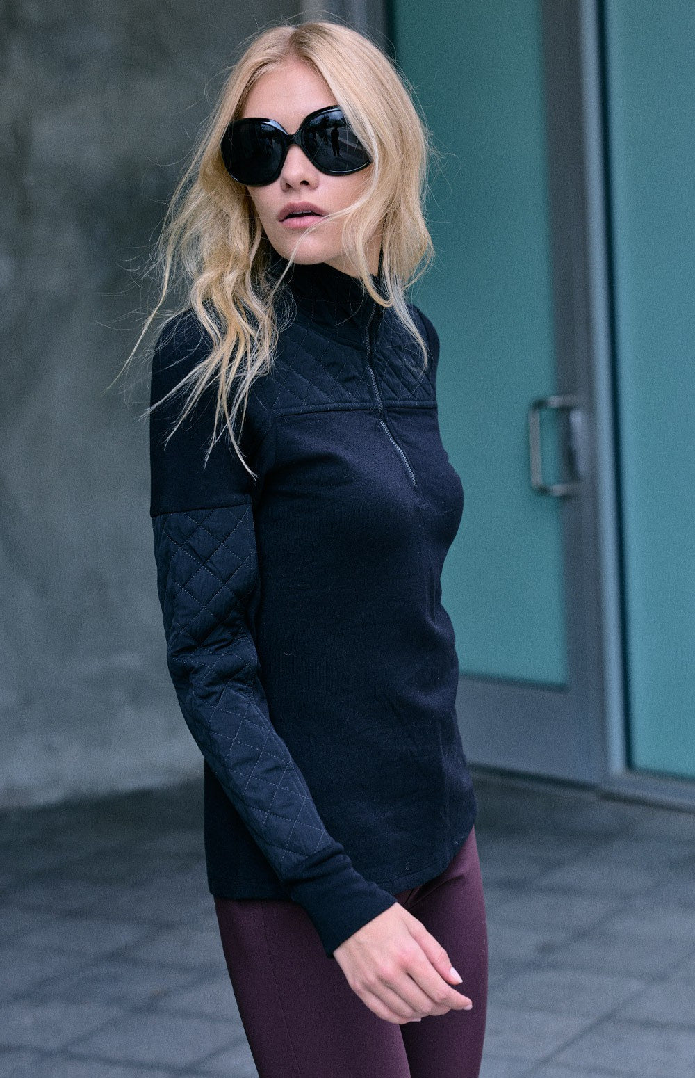 Alp N Rock Cody Quilted Zip Mock Neck, black half zip longsleeve shirt for women
