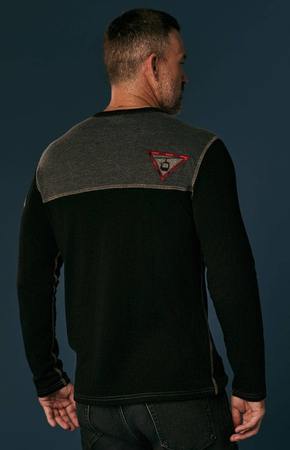 Flight Men's Crew Shirt by Alp N Rock, Men's Black Crew Shirt With Grey Chest and Ski Patches