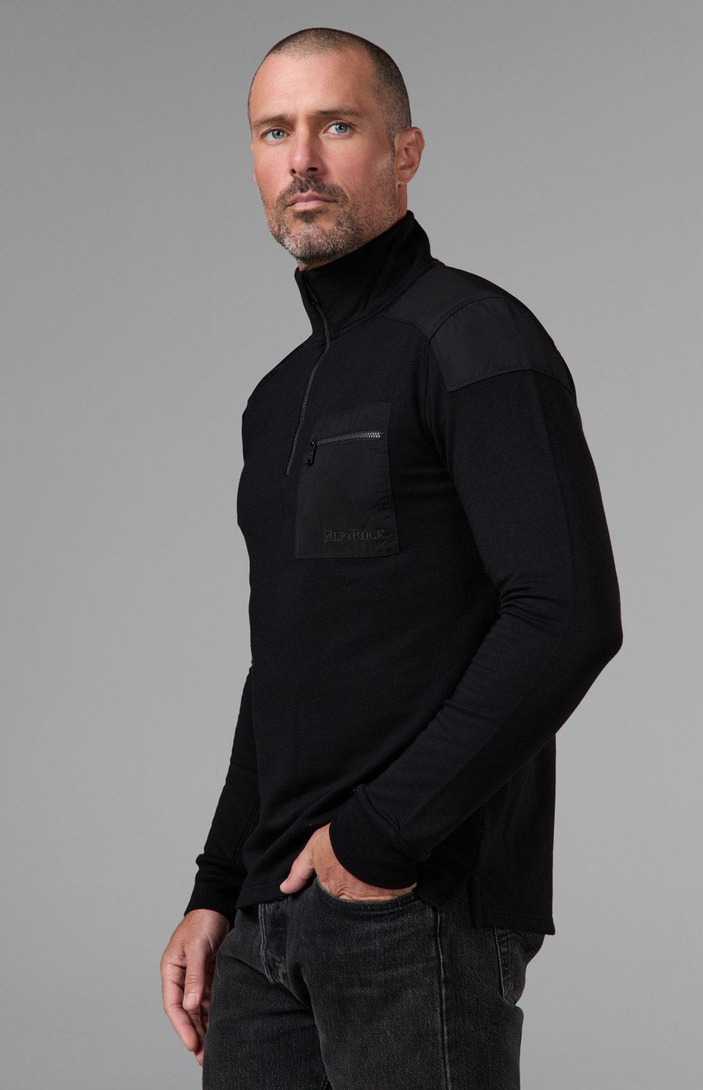 Alp N Rock Brendon Zip Mock Shirt, black longsleeve mock neck quarter zip shirt for men