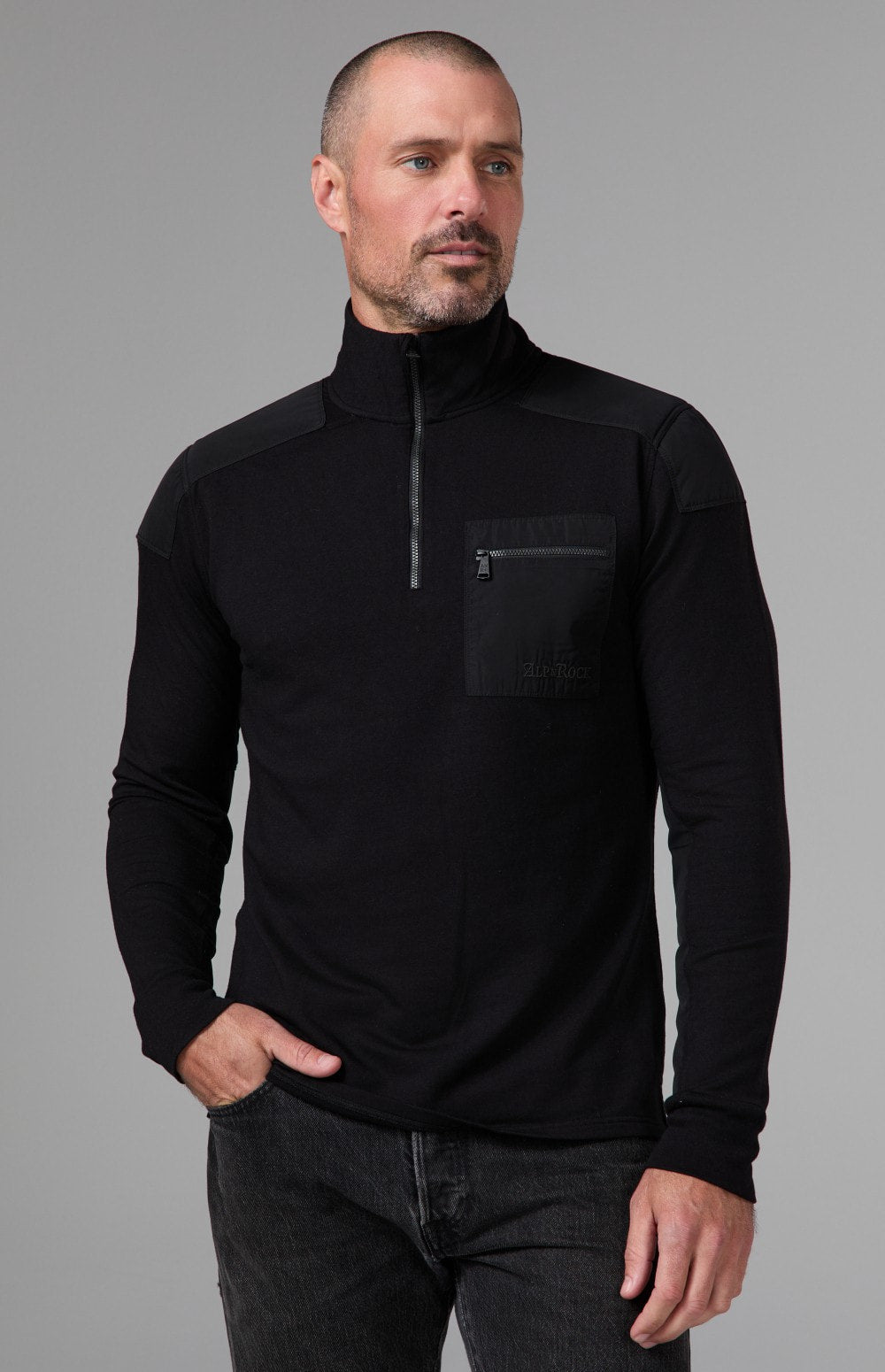 Alp N Rock Brendon Zip Mock Shirt, black longsleeve mock neck quarter zip shirt for men