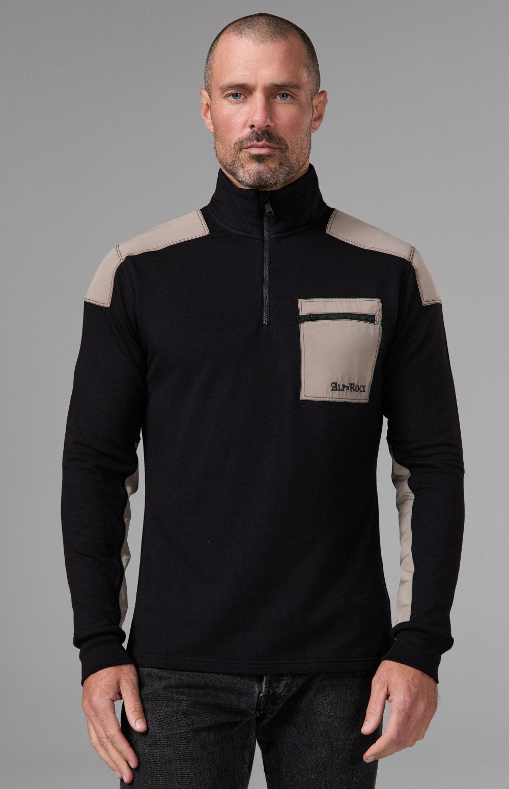 Alp N Rock Brendon Zip Mock Shirt, black and taupe longsleeve mock neck quarter zip shirt for men