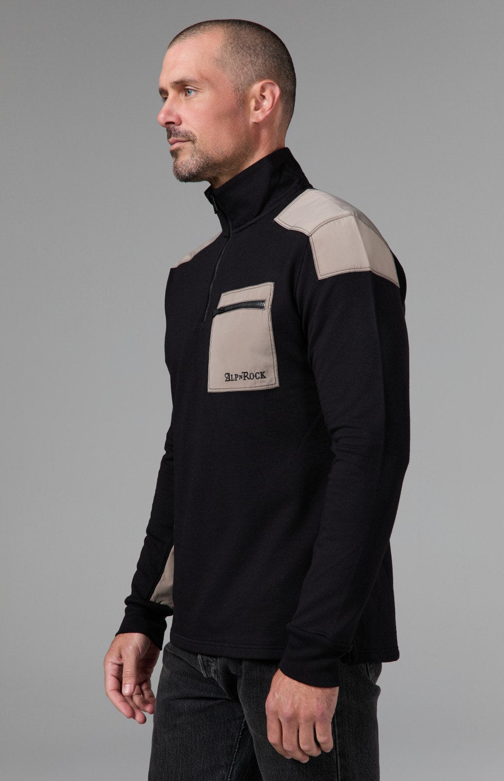 Alp N Rock Brendon Zip Mock Shirt, black and taupe longsleeve mock neck quarter zip shirt for men