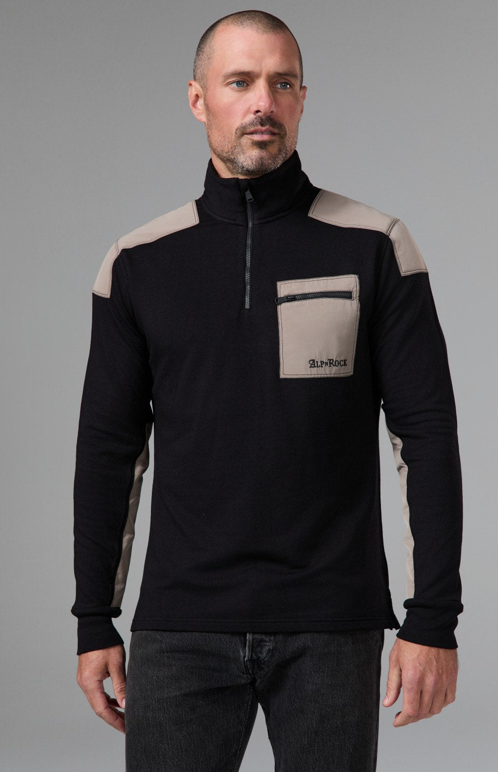Alp N Rock Brendon Zip Mock Shirt, black and taupe longsleeve mock neck quarter zip shirt for men