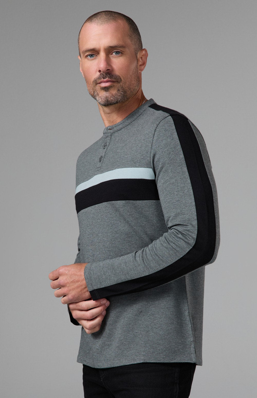 Alp N Rock Brent Shirt, heather grey longsleeve shirt for men with black and white stripes on the chest and sleeves