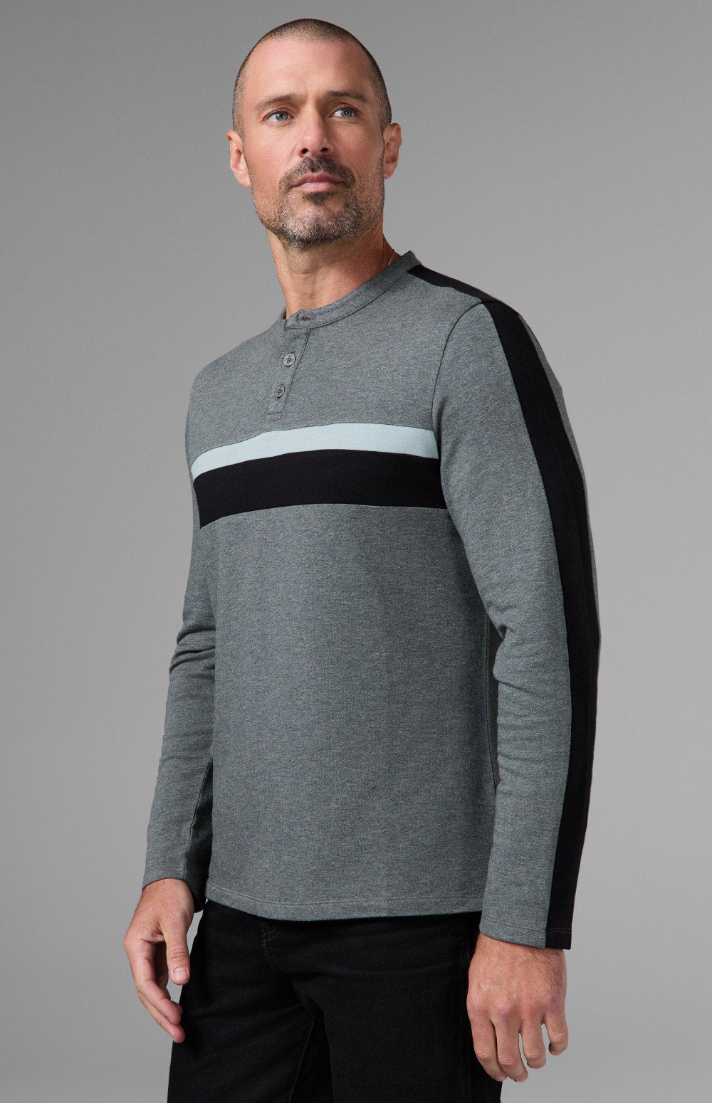Alp N Rock Brent Shirt, heather grey longsleeve shirt for men with black and white stripes on the chest and sleeves