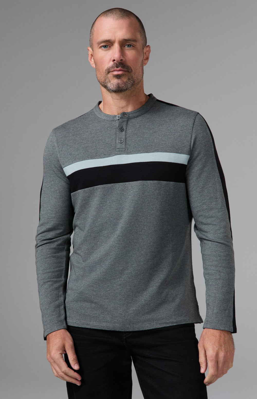 Alp N Rock Brent Shirt, heather grey longsleeve shirt for men with black and white stripes on the chest and sleeves