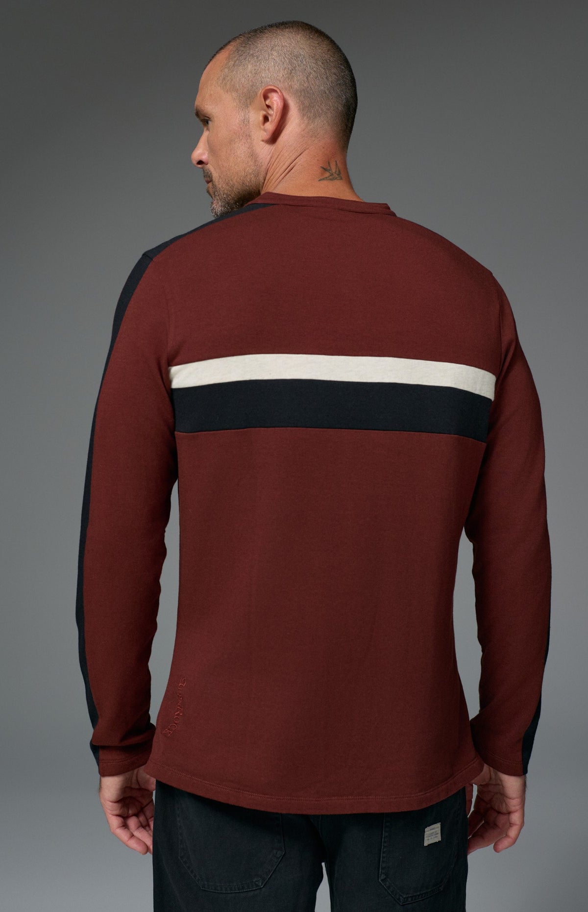 Alp N Rock Brent Shirt, dark red longsleeve shirt for men with white and black stripes on the chest and sleeves