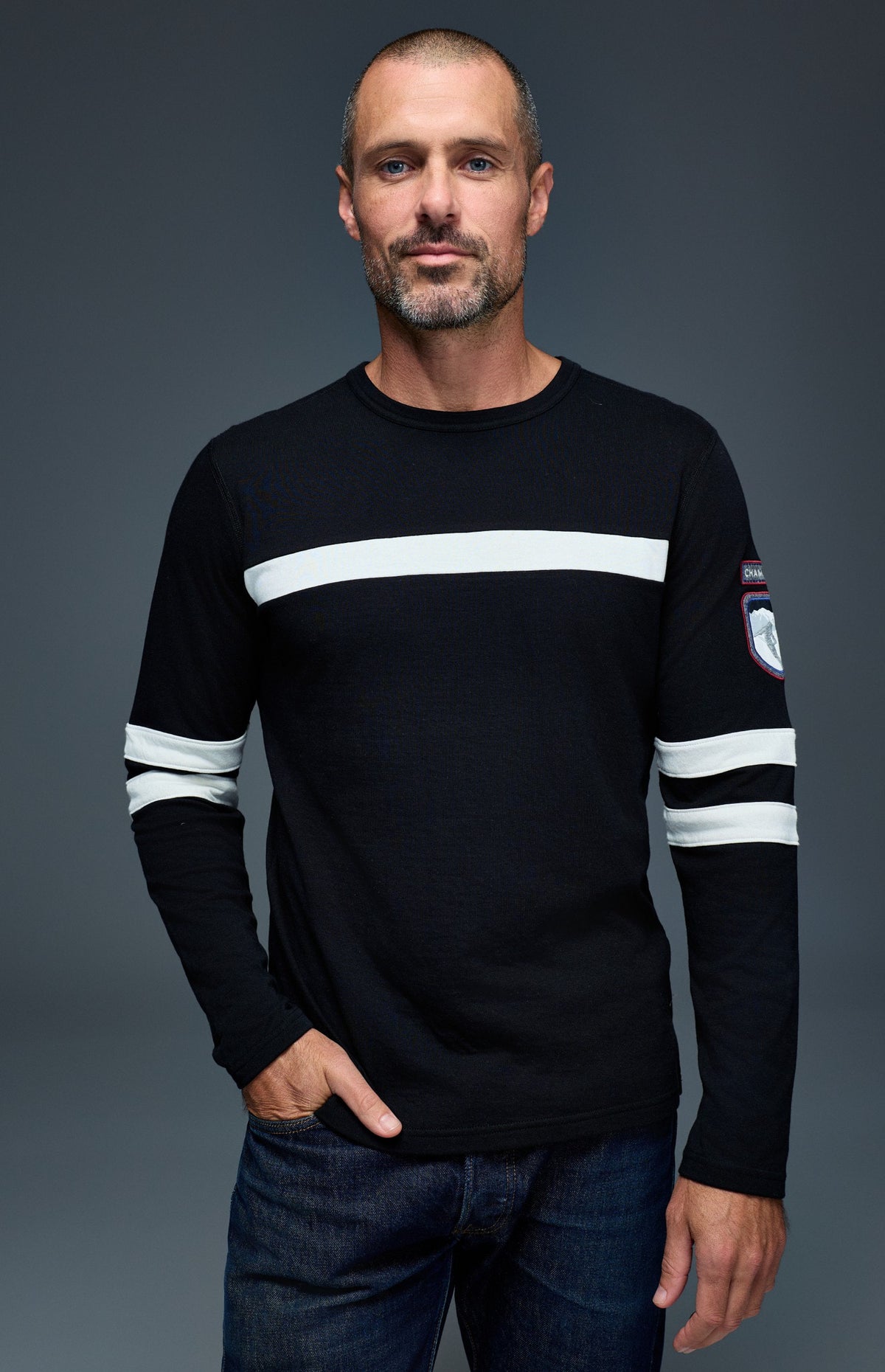 Alp N Rock Chamonix Ski Crew, black men's crew neck longsleeve sweater with white stripes
