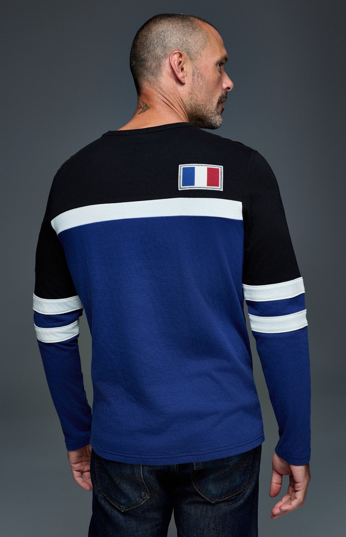 Alp N Rock Chamonix Ski Crew, deep blue men's crew neck longsleeve sweater with black and white stripes
