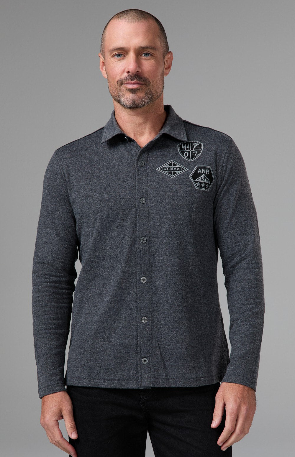 Alp N Rock Grayson Button Down, heather black longsleeve button down for men with ski patches at the chest