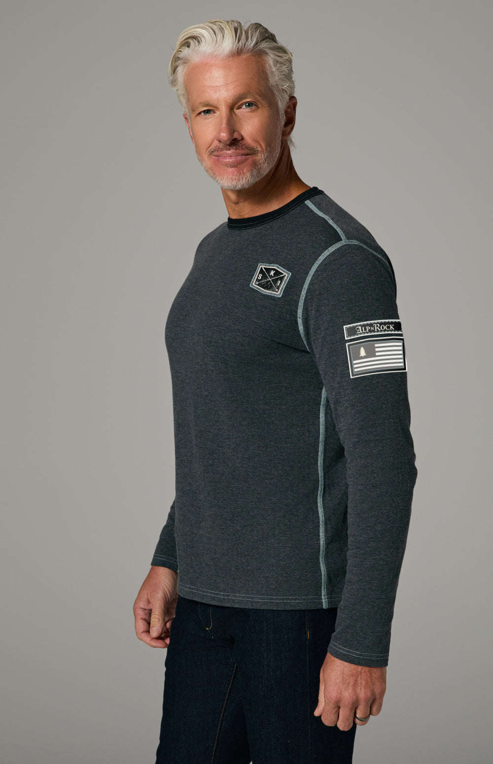 Alp N Rock Lake Tahoe Crew, heather black longsleeve crewneck shirt for men with Lake Tahoe lettering on the back