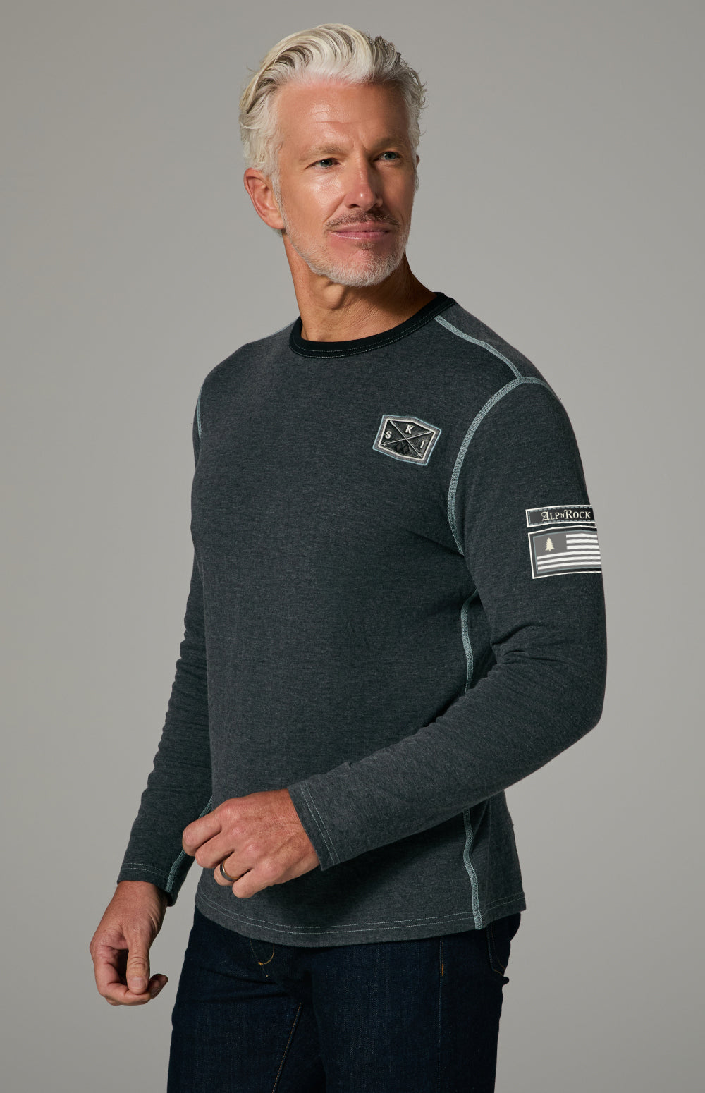 Alp N Rock Lake Tahoe Crew, heather black longsleeve crewneck shirt for men with Lake Tahoe lettering on the back