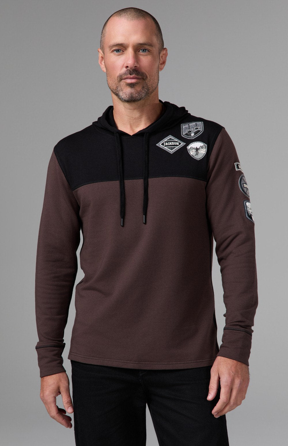 Alp N Rock Marco Hoodie, dark brown longsleeve hoodie with ski patches for men