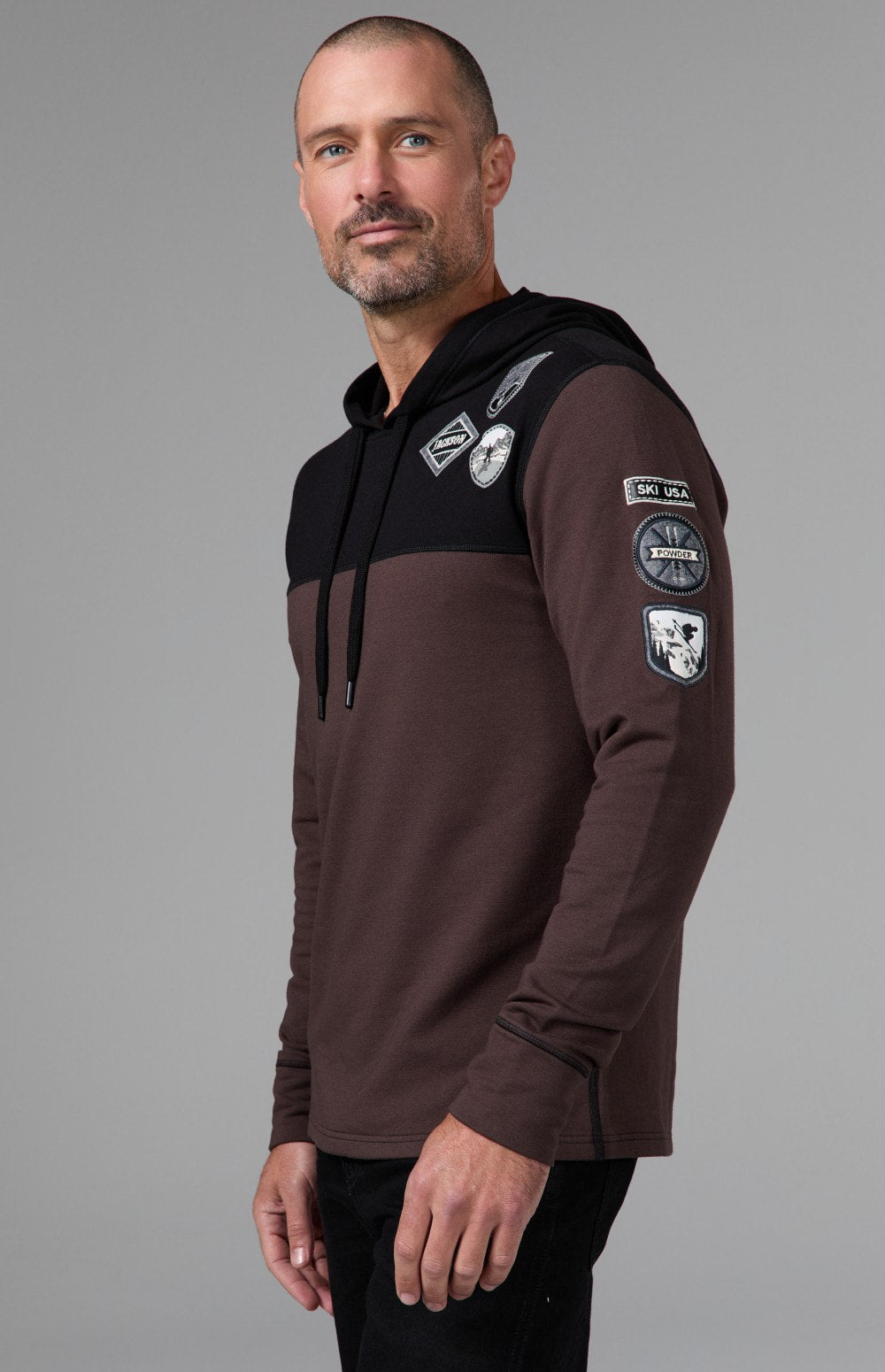 Alp N Rock Marco Hoodie, dark brown longsleeve hoodie with ski patches for men