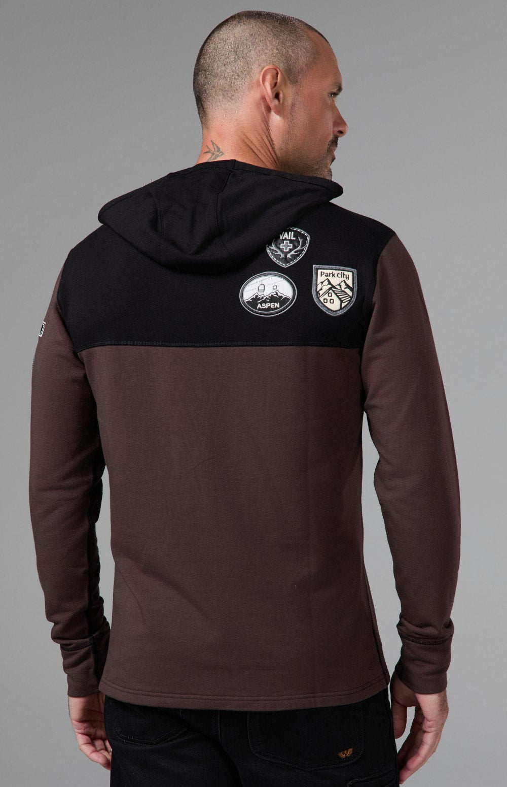Alp N Rock Marco Hoodie, dark brown longsleeve hoodie with ski patches for men